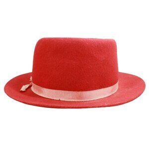 Vintage Effanem Red Wool Pink Ribbon Packable Crusher Fedora Hat 7.5